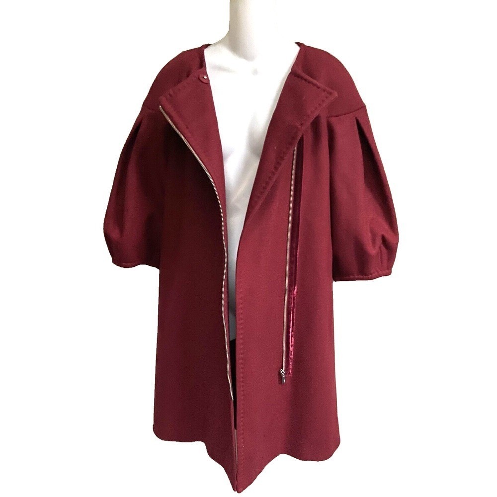 BCBGMAXAZRIA Wool Blend Asymmetrical Zip Puff Sleeve Coat Size M Retro Statement